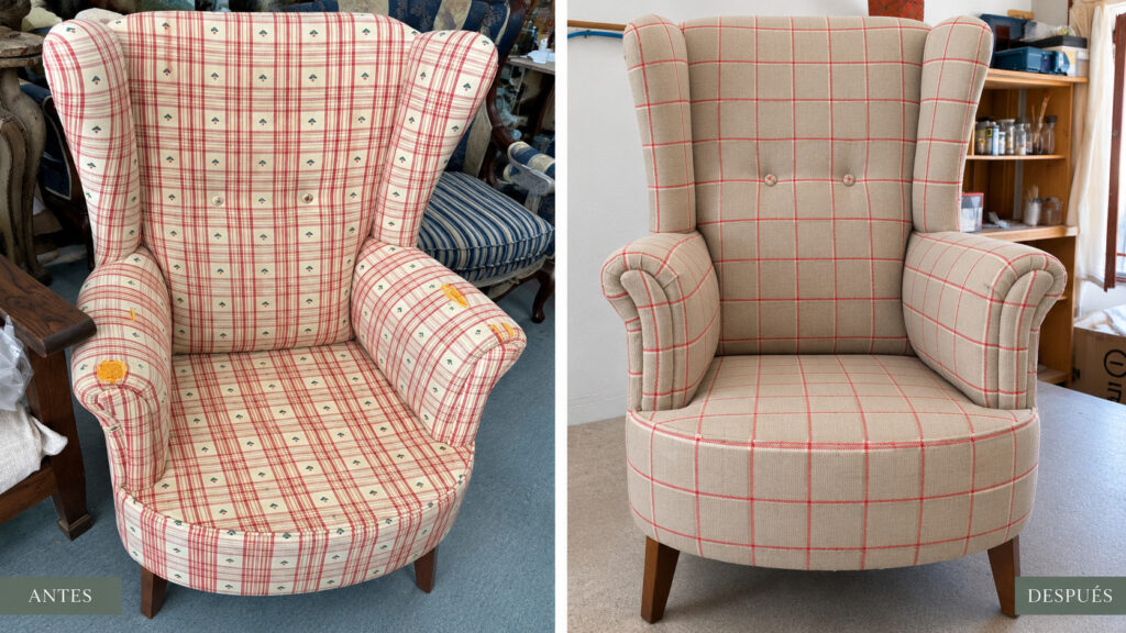 Antes y después de retapizar una butaca clásica con tela de cuadros rojos y beige.